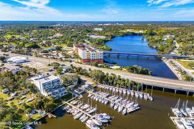 aerial view featuring a water view