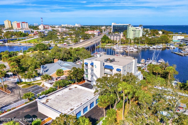 aerial view featuring a water view