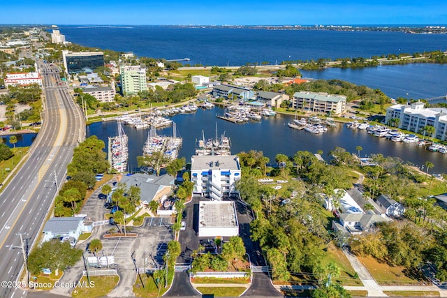 birds eye view of property with a water view