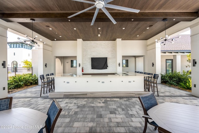 view of patio / terrace featuring an outdoor bar and ceiling fan