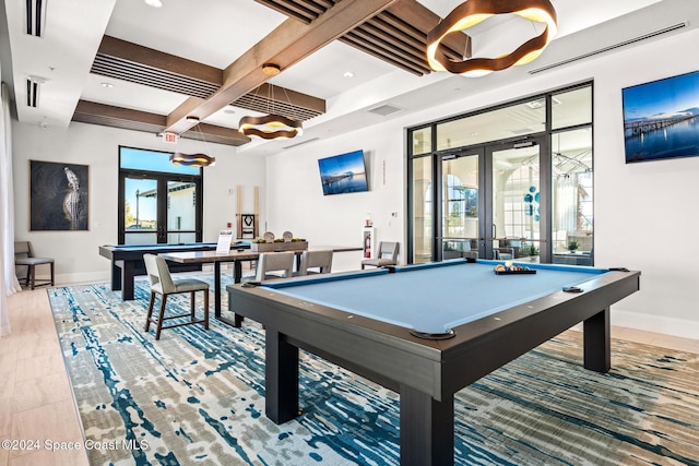 game room featuring french doors, beam ceiling, coffered ceiling, and billiards