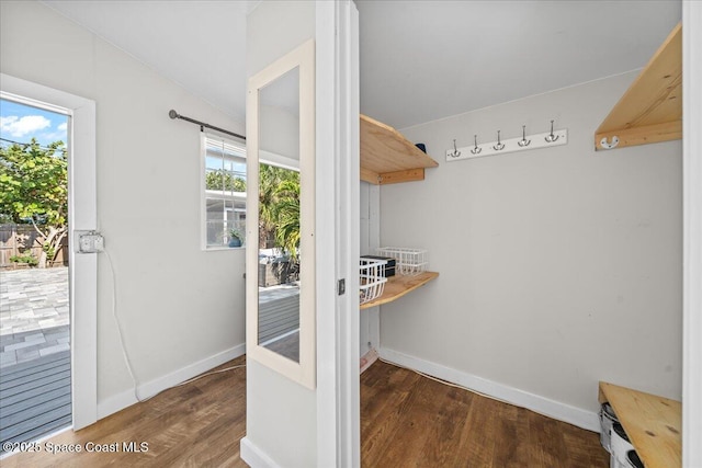 entryway with dark hardwood / wood-style flooring, plenty of natural light, and lofted ceiling