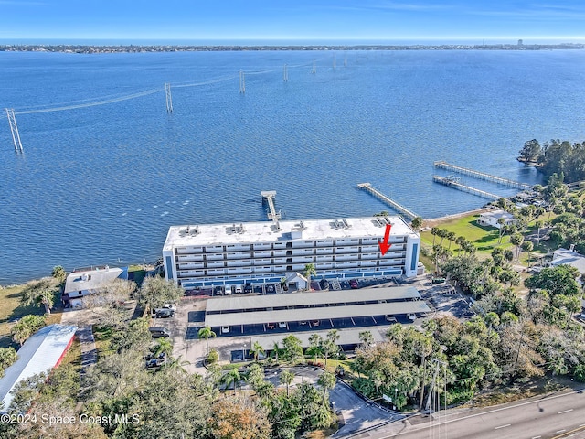 drone / aerial view featuring a water view