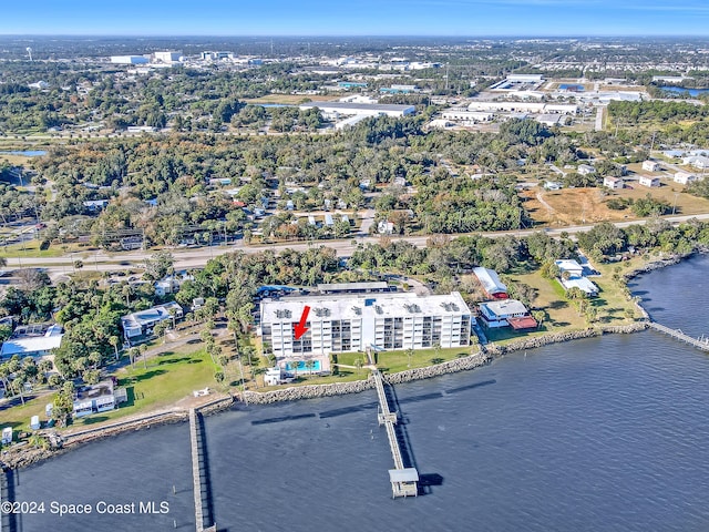 drone / aerial view featuring a water view