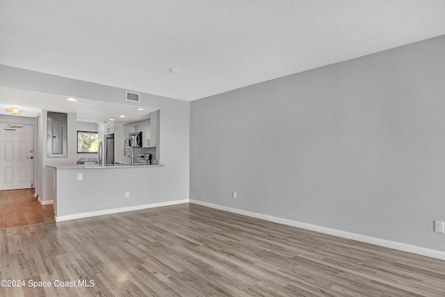 unfurnished living room with light wood-type flooring and electric panel