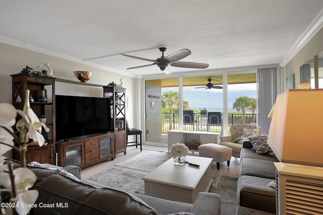 living room featuring a textured ceiling, expansive windows, and ornamental molding