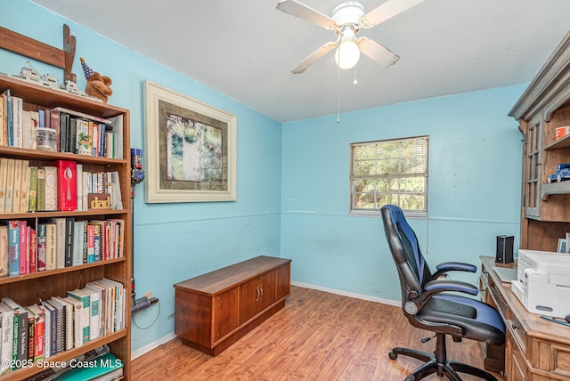 office space featuring ceiling fan and light hardwood / wood-style floors