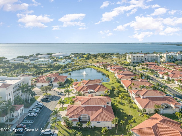 drone / aerial view featuring a water view