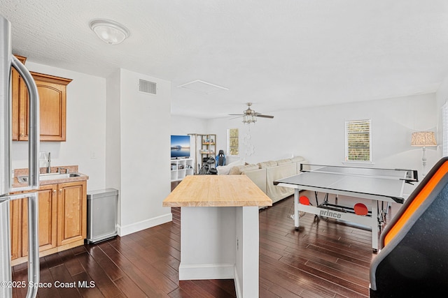 rec room with ceiling fan, dark hardwood / wood-style floors, a healthy amount of sunlight, and sink