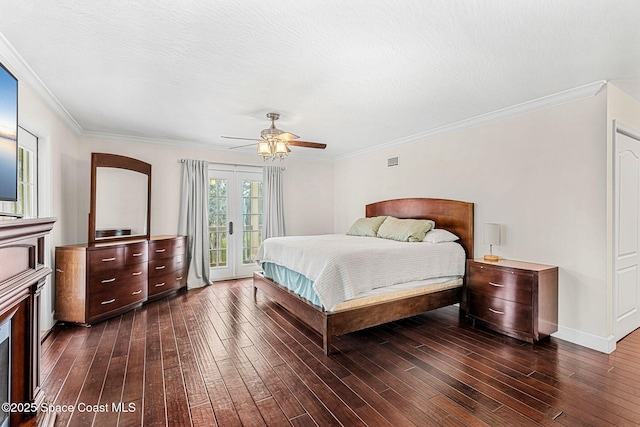 bedroom featuring access to exterior, french doors, ceiling fan, and crown molding