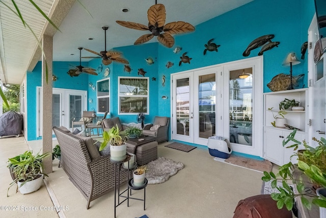 view of patio featuring french doors, ceiling fan, and area for grilling