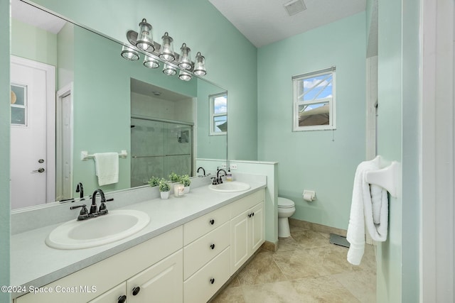 bathroom with vanity, toilet, and walk in shower