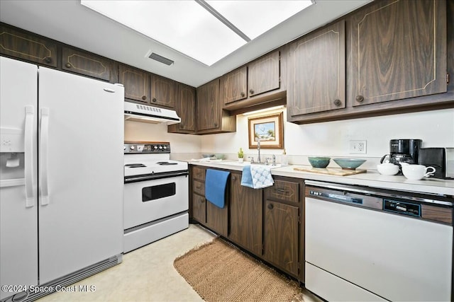 kitchen featuring dark brown cabinets, white appliances, and sink