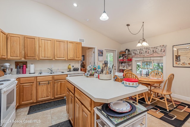 kitchen featuring decorative light fixtures, a kitchen island, white electric range oven, and sink