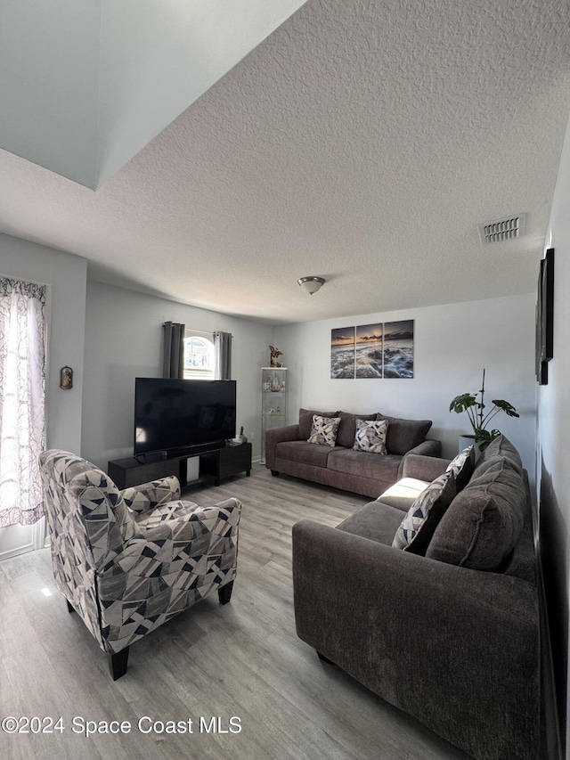 living room with a textured ceiling and light hardwood / wood-style flooring