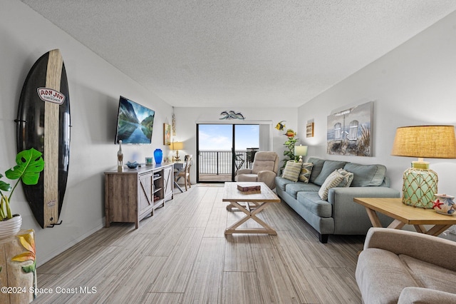 living room with light hardwood / wood-style floors and a textured ceiling