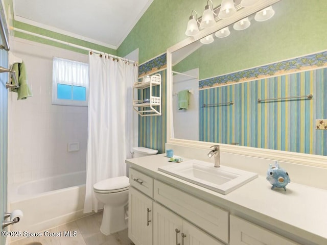 full bathroom featuring tile patterned floors, vanity, toilet, and shower / tub combo with curtain