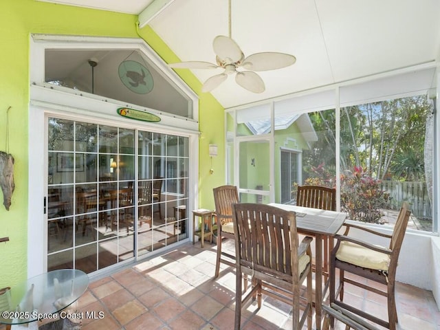 sunroom / solarium featuring lofted ceiling with beams and ceiling fan