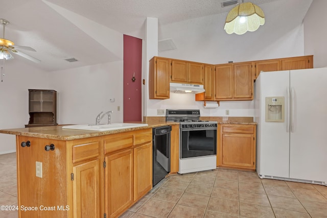 kitchen featuring vaulted ceiling, sink, dishwasher, range, and white fridge with ice dispenser