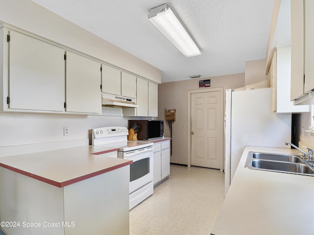 kitchen with white cabinets, white electric range, sink, and a textured ceiling