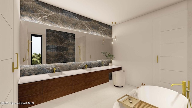 bathroom featuring vanity, a tub to relax in, and tile walls