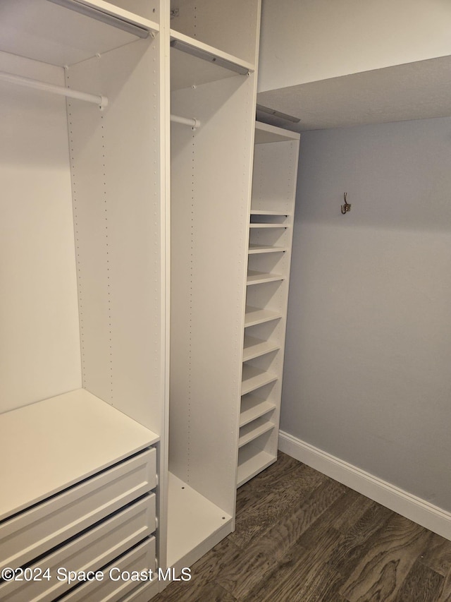 walk in closet with dark hardwood / wood-style flooring