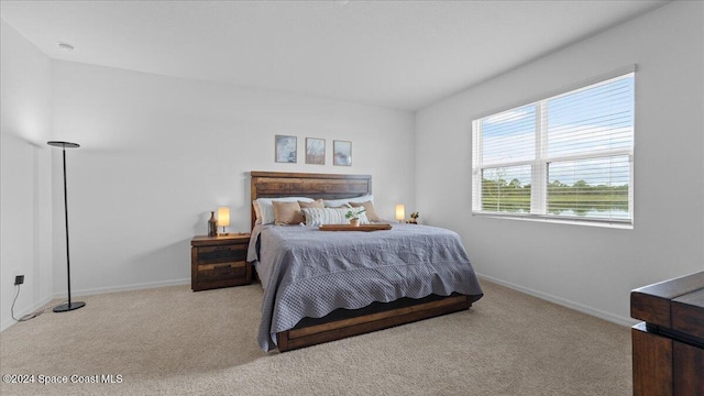 bedroom featuring light carpet