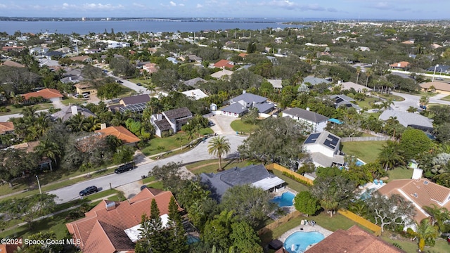 drone / aerial view featuring a water view