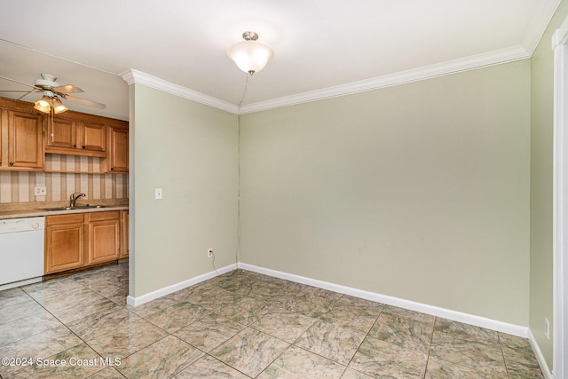 kitchen with dishwasher, ceiling fan, ornamental molding, and sink