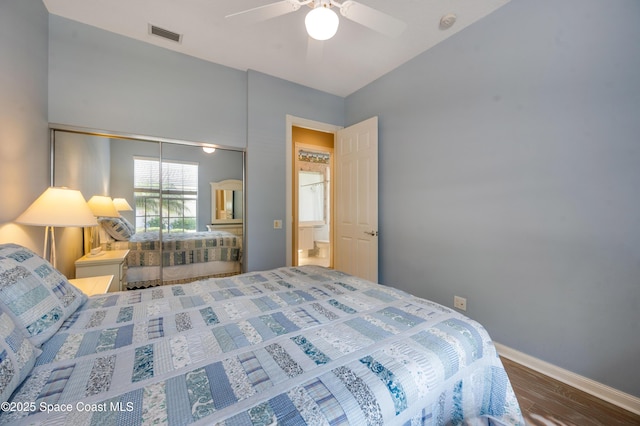 bedroom with hardwood / wood-style flooring and ceiling fan