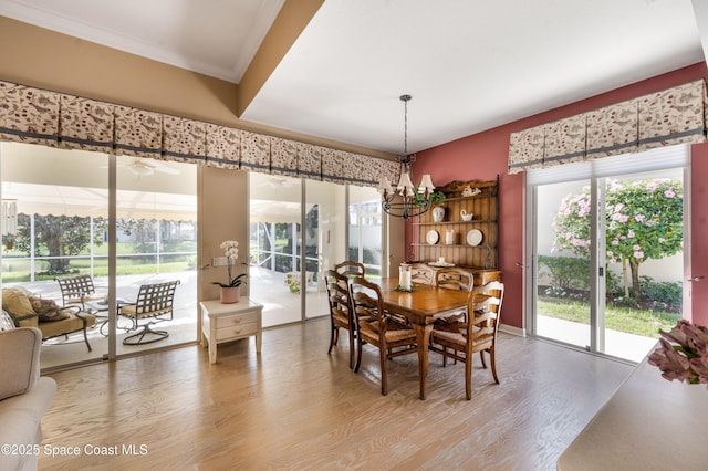 dining area with hardwood / wood-style floors, ceiling fan with notable chandelier, and ornamental molding