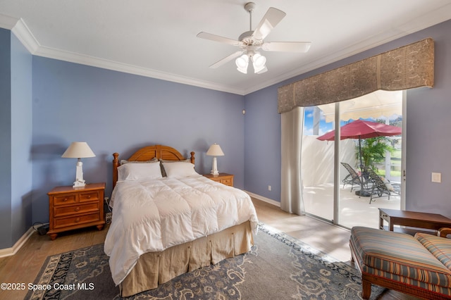 bedroom with access to outside, ceiling fan, crown molding, and wood-type flooring