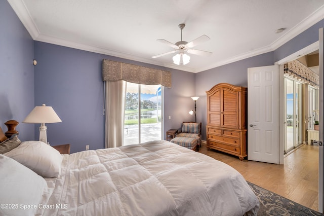 bedroom with access to outside, crown molding, ceiling fan, and light hardwood / wood-style floors