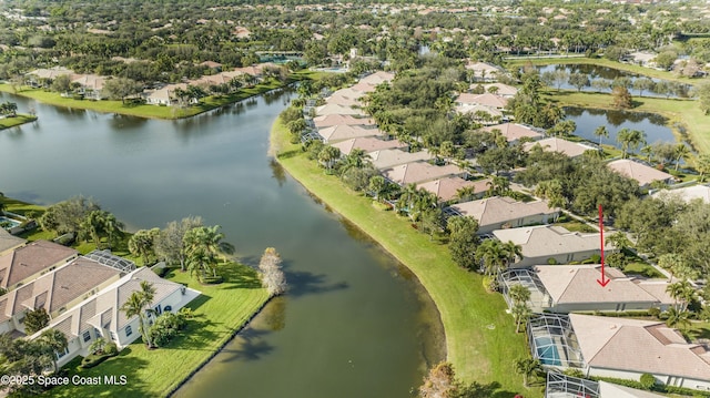 drone / aerial view featuring a water view