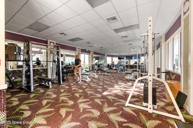 exercise room with a drop ceiling, a healthy amount of sunlight, and carpet floors