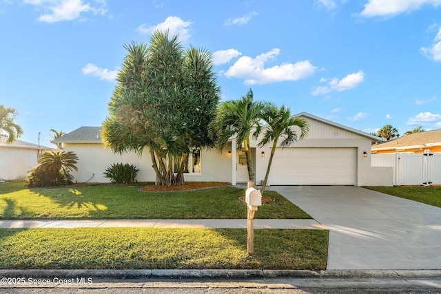 view of front of home with a front yard and a garage