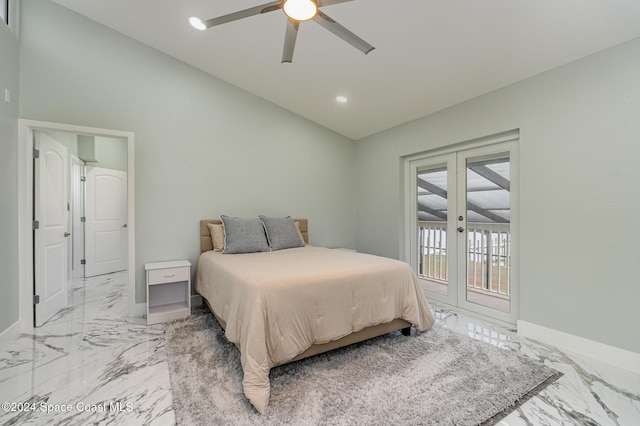 bedroom featuring ceiling fan, access to exterior, and vaulted ceiling