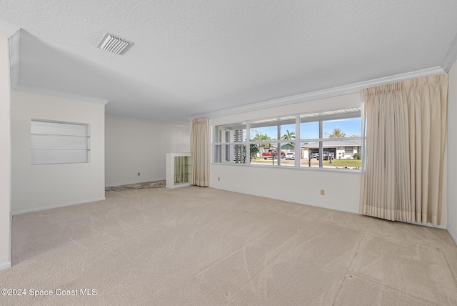 unfurnished living room featuring crown molding, light carpet, and a textured ceiling