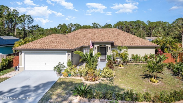 view of front of property with a garage and a front lawn