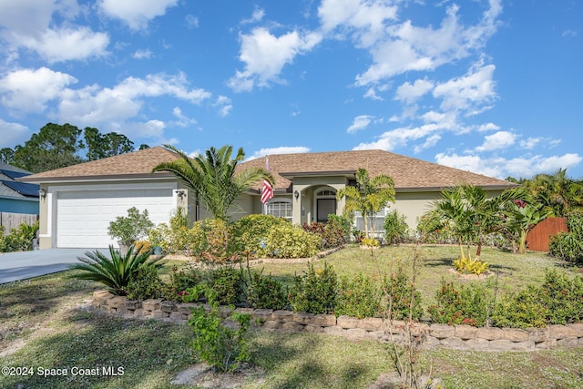 view of front of home featuring a front yard and a garage