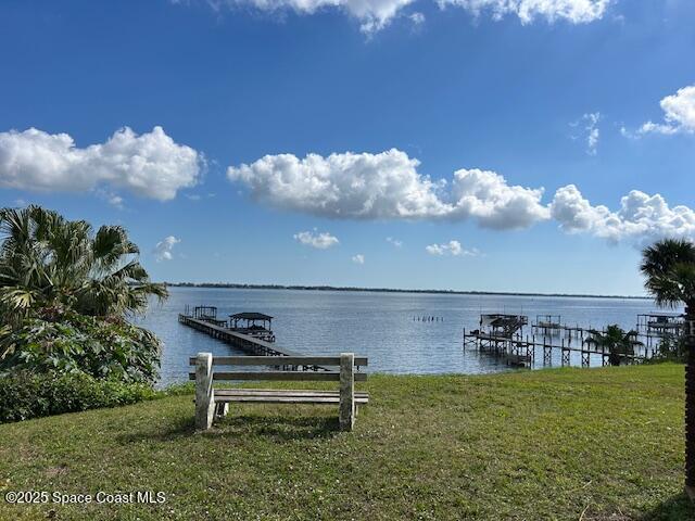 dock area with a yard and a water view