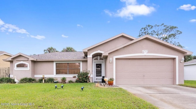 ranch-style house with a front lawn and a garage