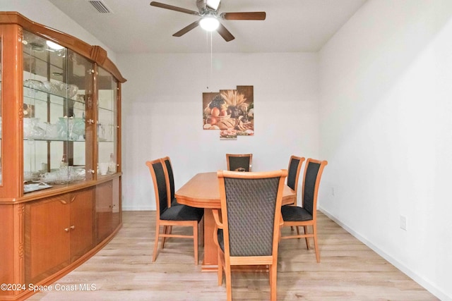 dining room with ceiling fan and light wood-type flooring