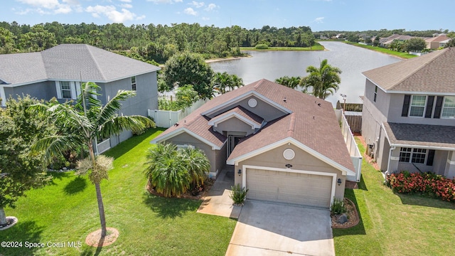 bird's eye view with a water view