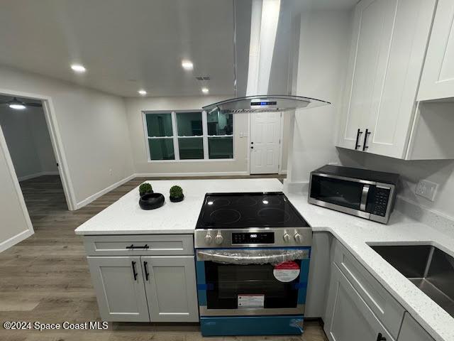 kitchen with stainless steel appliances, island range hood, sink, hardwood / wood-style floors, and white cabinetry