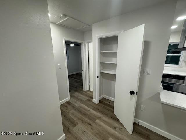 corridor featuring dark hardwood / wood-style floors