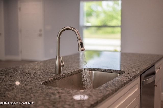 details featuring stainless steel dishwasher, white cabinetry, dark stone countertops, and sink