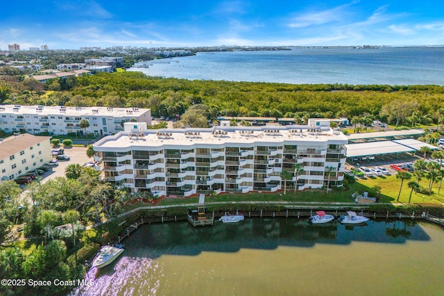 aerial view featuring a water view