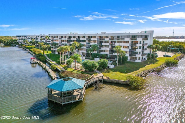 drone / aerial view with a water view