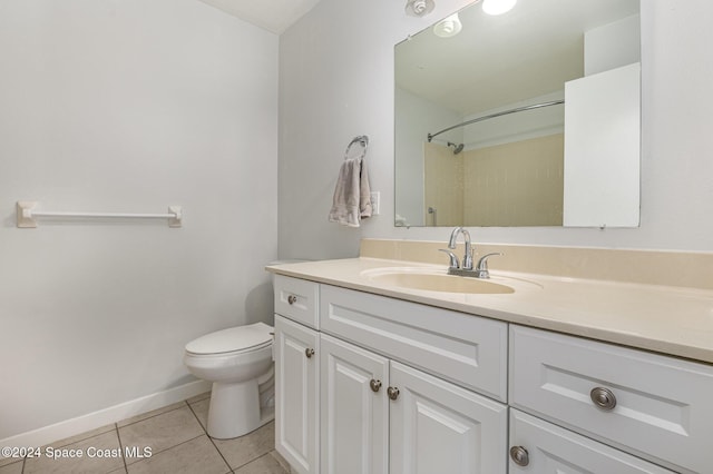 bathroom with walk in shower, tile patterned flooring, vanity, and toilet